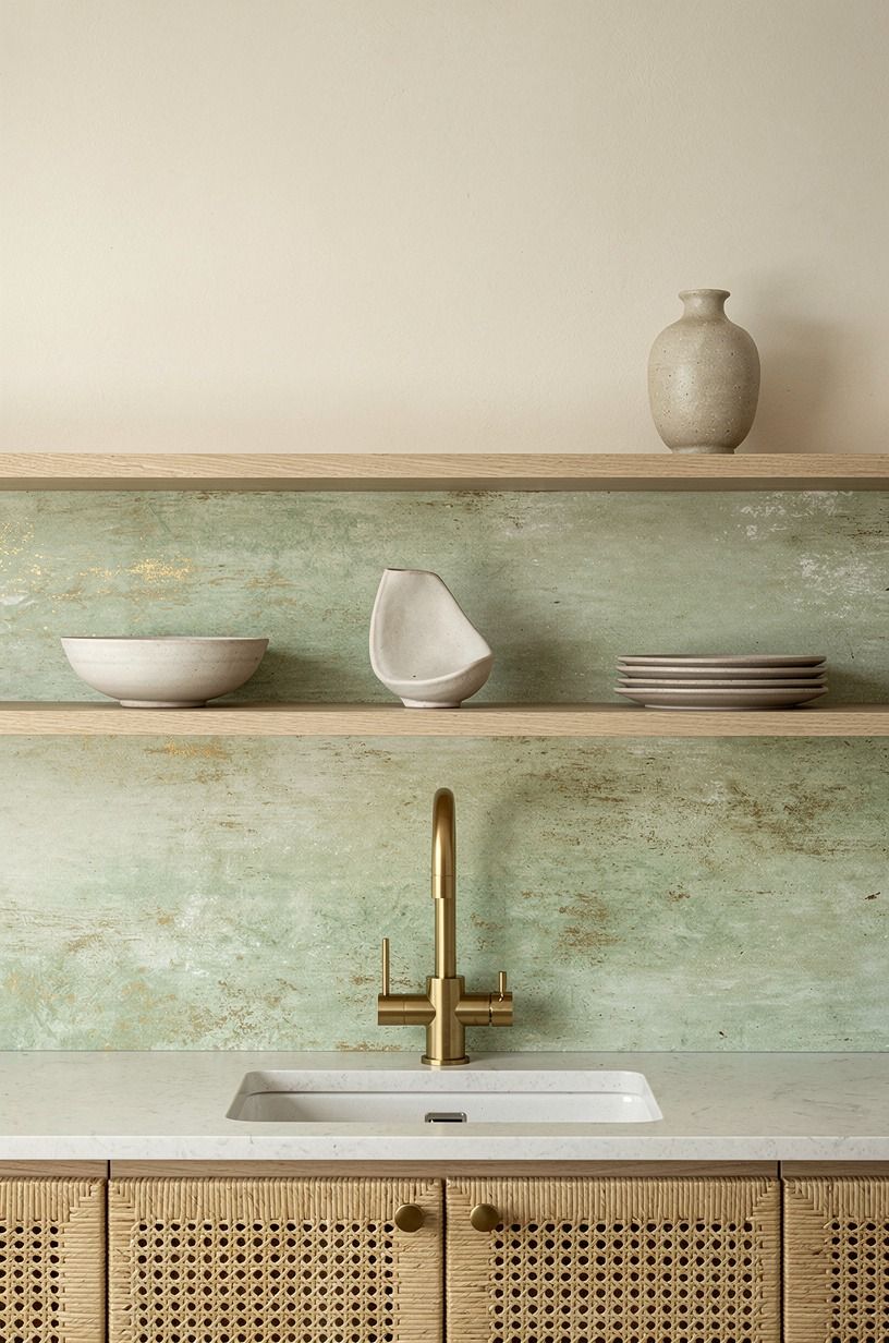 Run a limewash backsplash behind open shelves