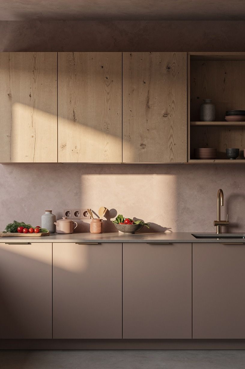 Choose flat-front cabinets in soft mushroom