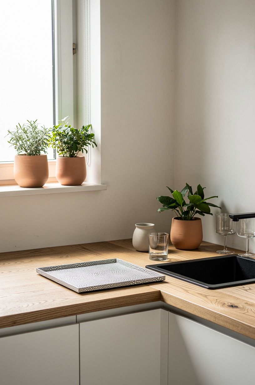 Line the windowsill with three clay planters
