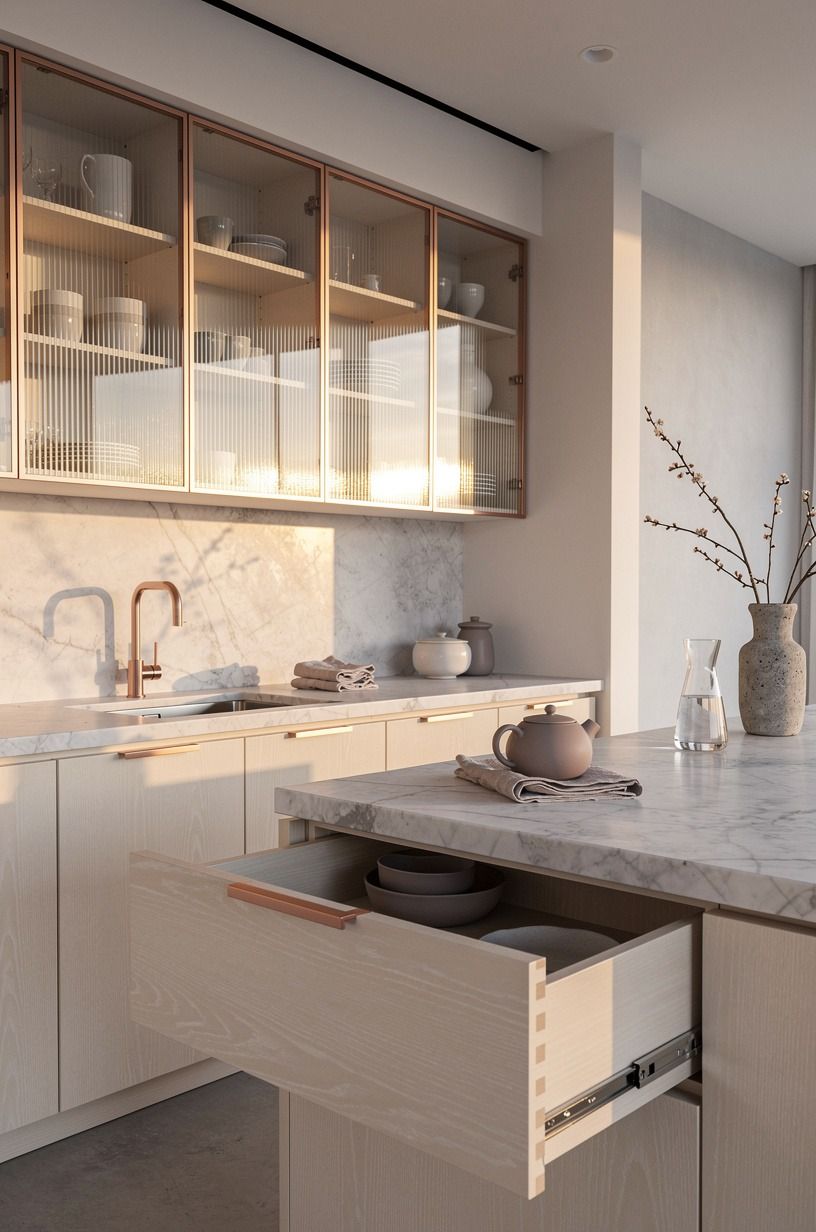 Use ribbed glass on the upper cabinets