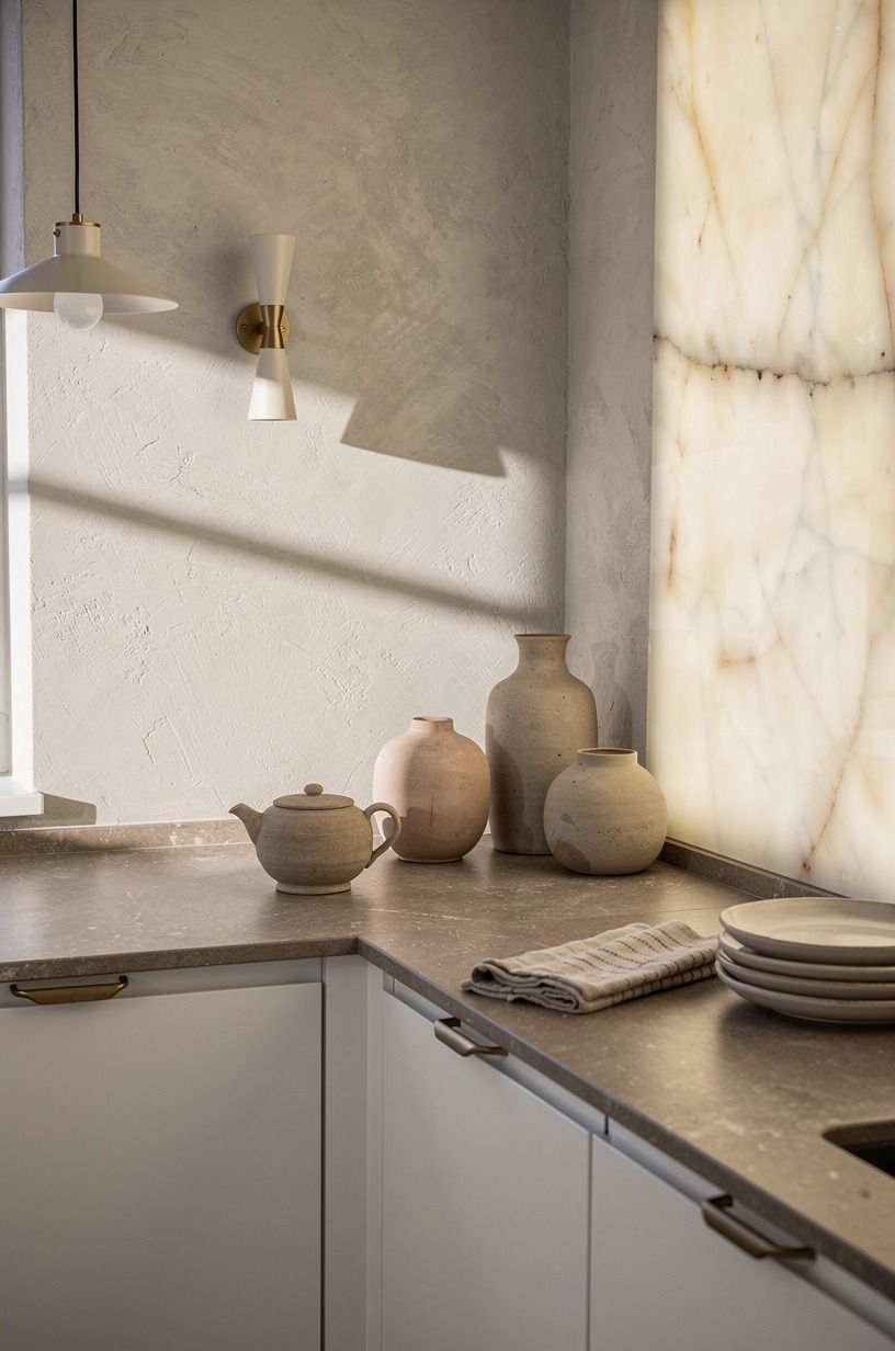 Ground white cabinets with mushroom stone countertops