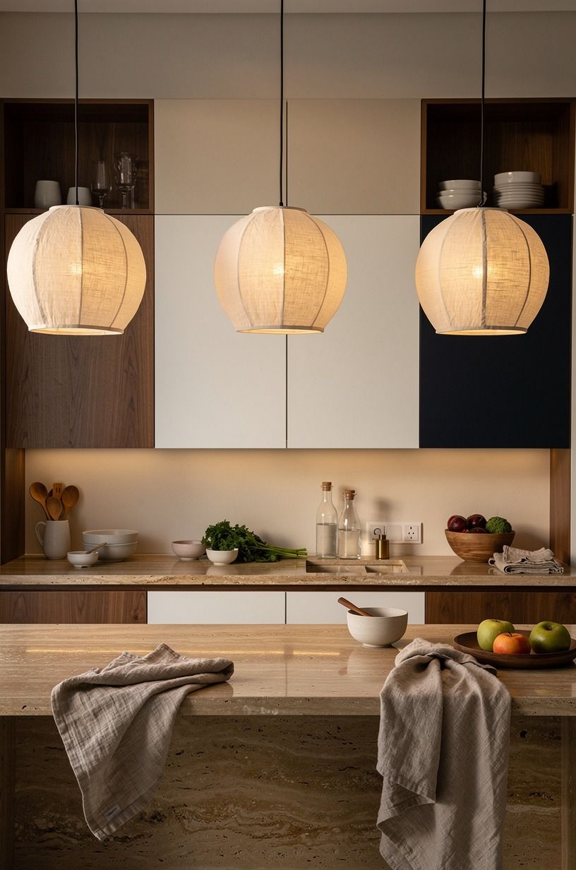Choose rice-paper pendants to soften beige walls