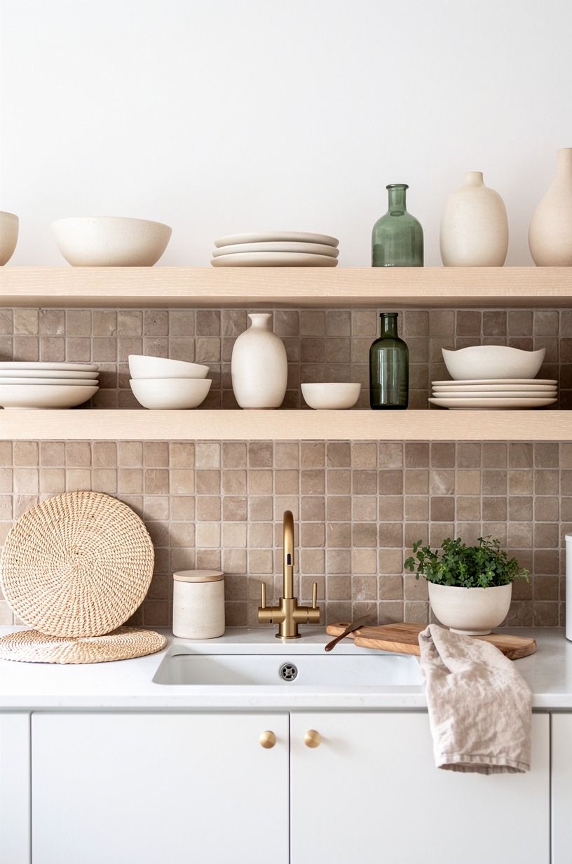 Layer taupe zellige behind pale wood shelves