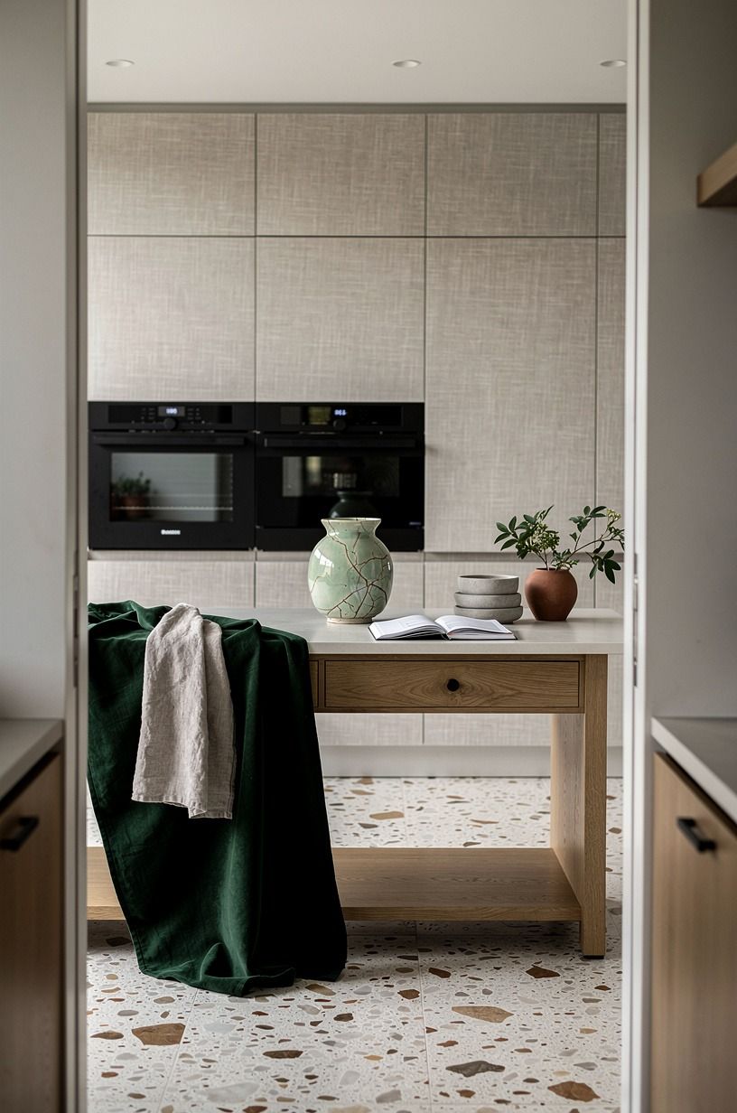 Balance black pulls with linen-toned cabinetry