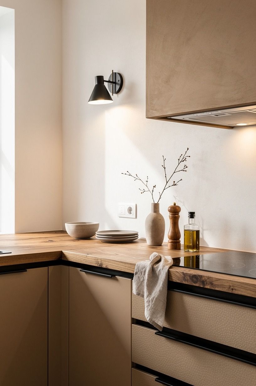 Frame the range hood in warm plaster