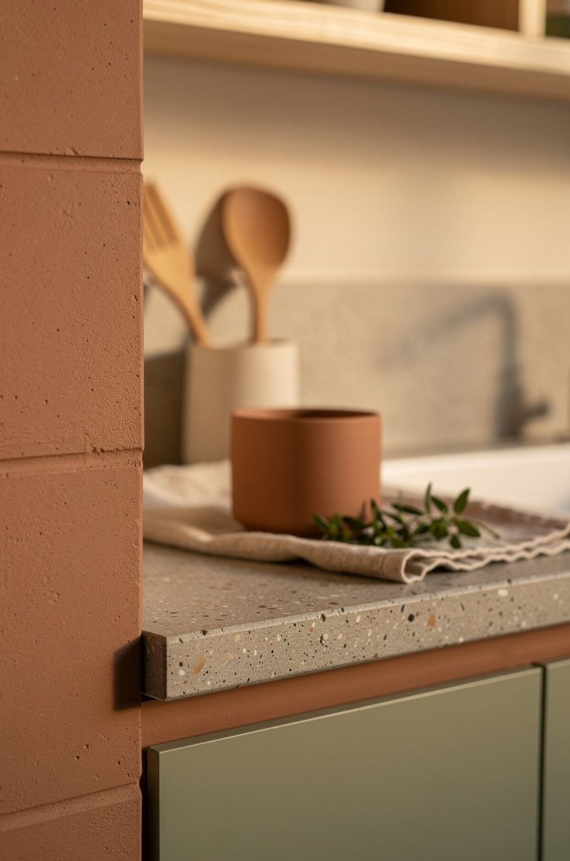 Repeat one clay accent across three surfaces