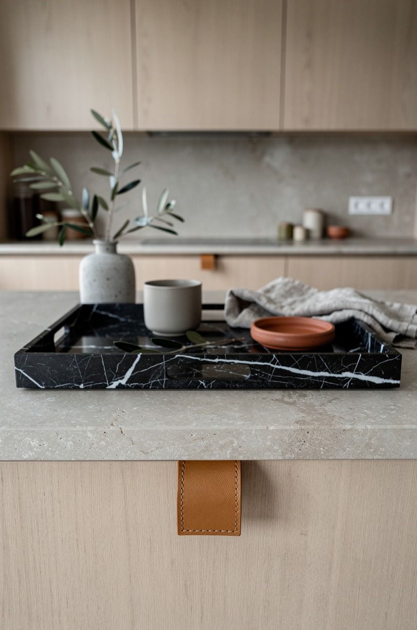Mix honed limestone with pale ash cabinetry