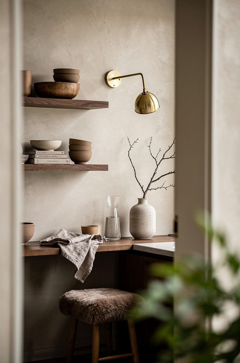 Use coffee-stained open shelves for quiet contrast