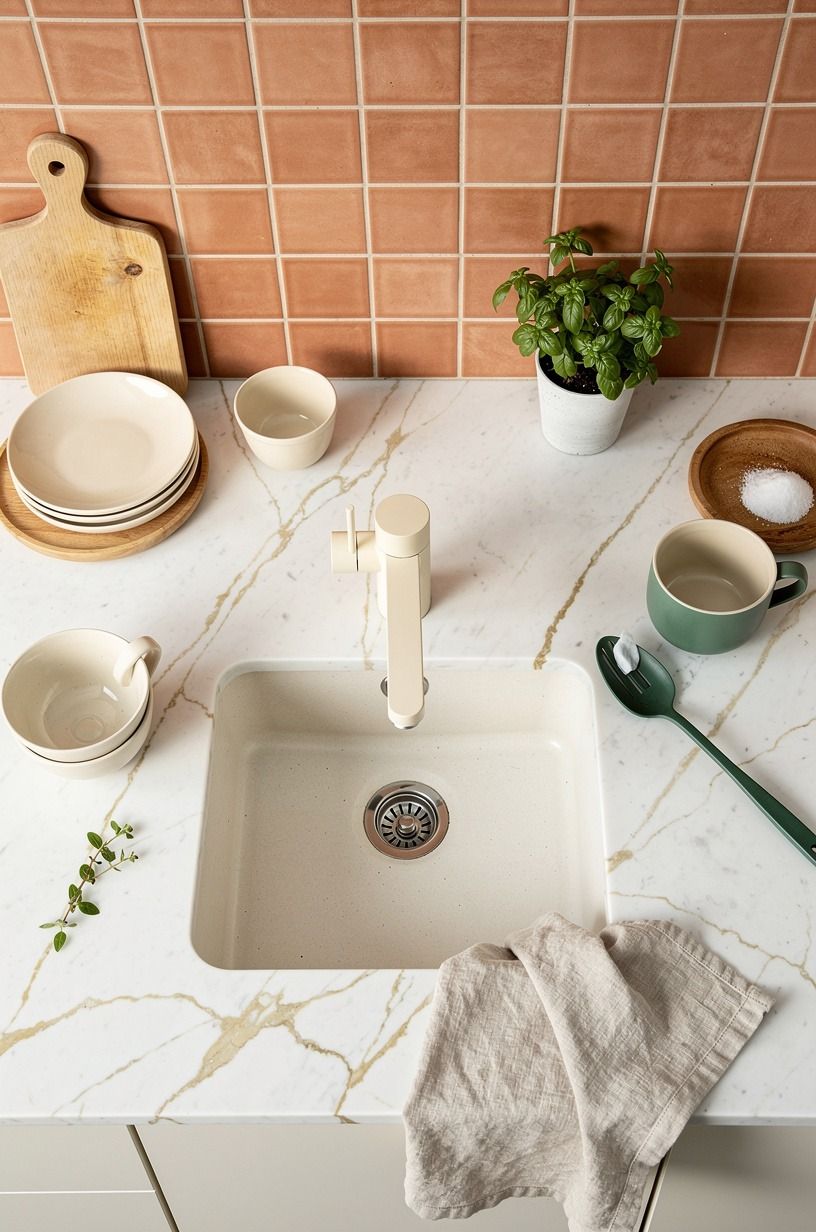 Anchor the sink wall with terracotta tile