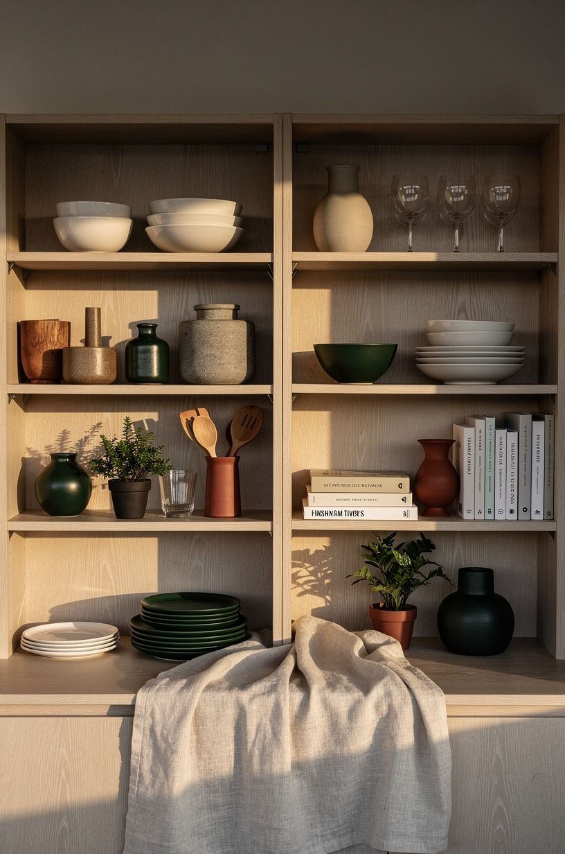 Blend bone-white dishes into oak shelving