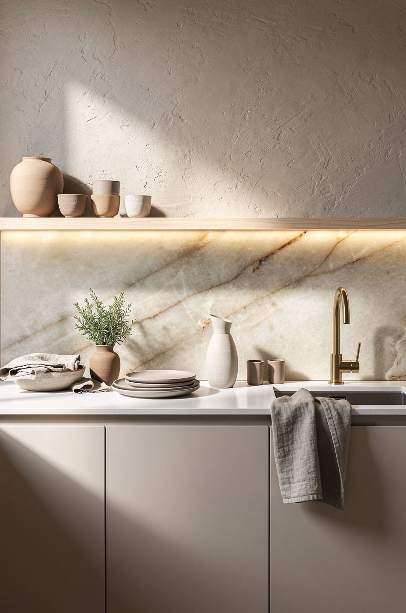 Swap upper cabinets for one pale wood shelf