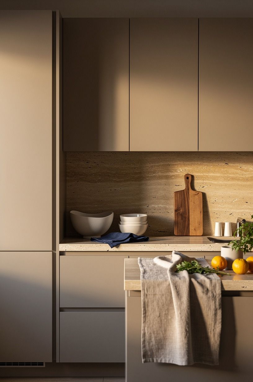 Choose warm greige cabinets with flat fronts