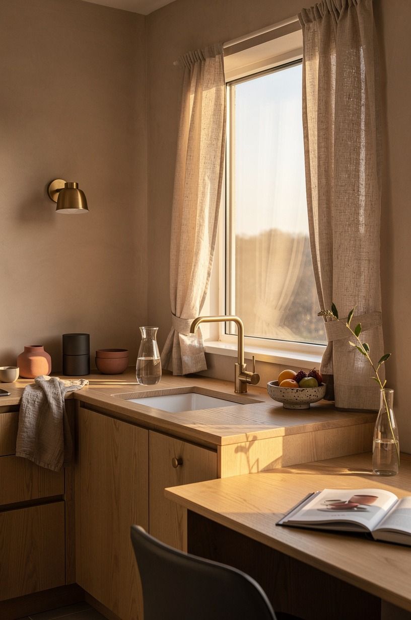 Layer linen cafe curtains over bare glass