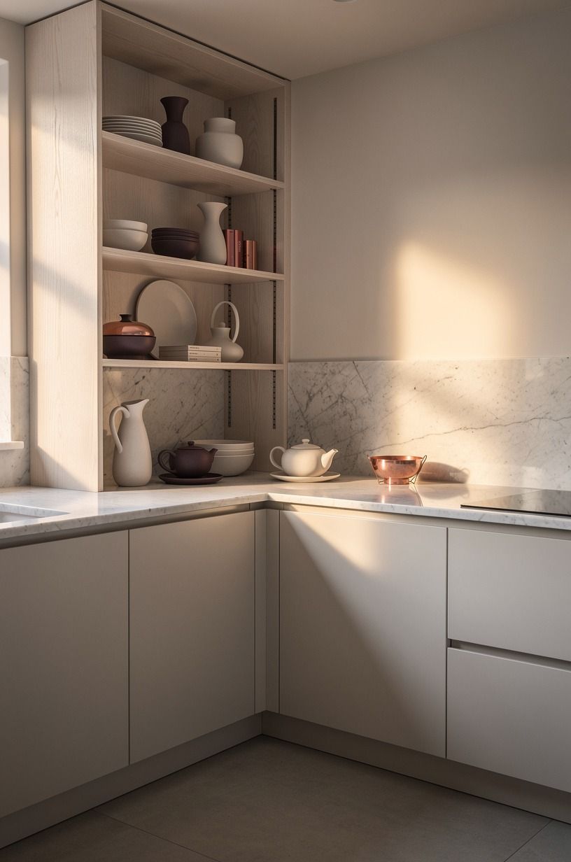 Store ceramics on open corner shelving