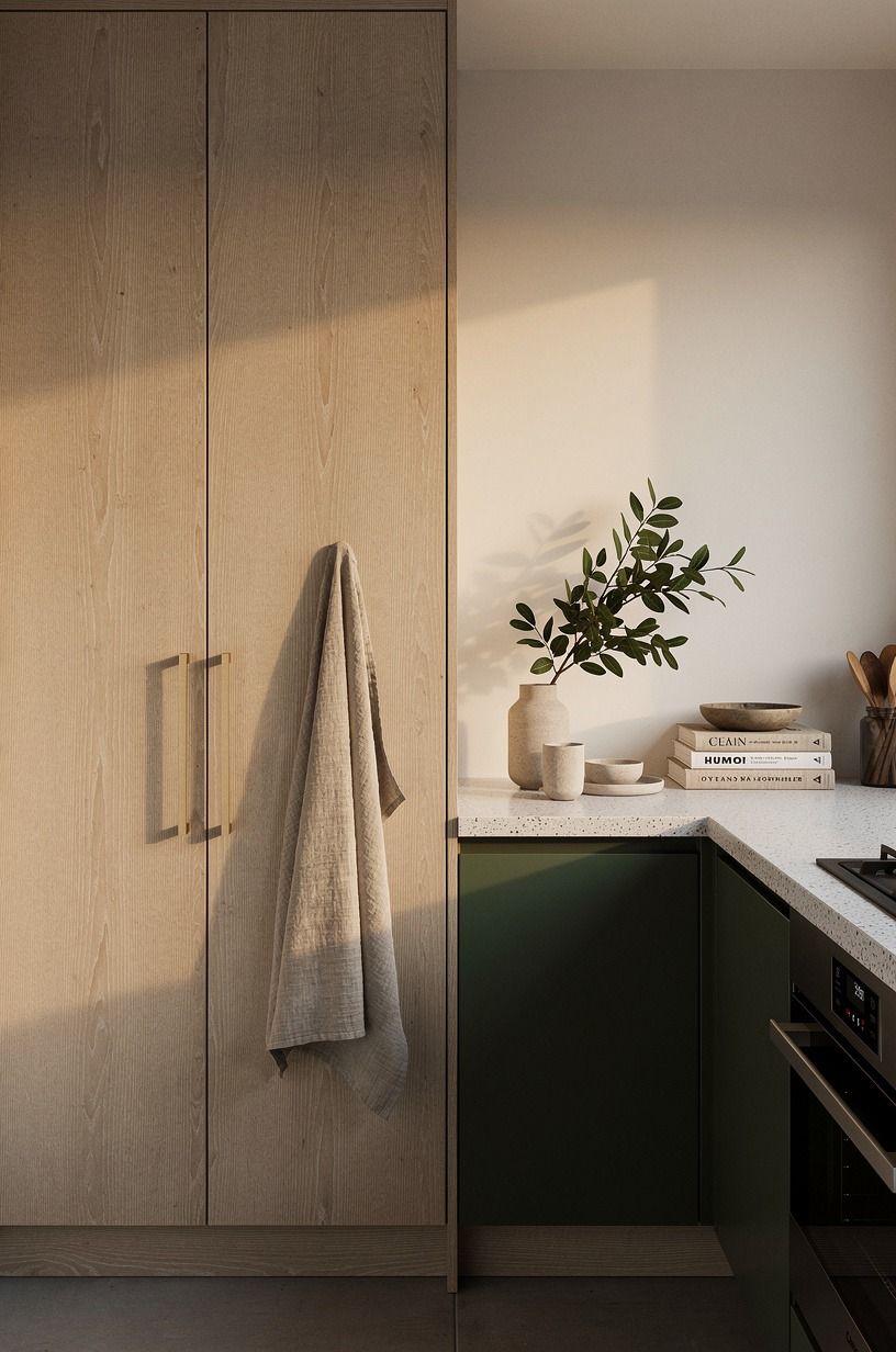 Use floor-to-ceiling pantry doors in ash (The Tall-Wall Rule)
