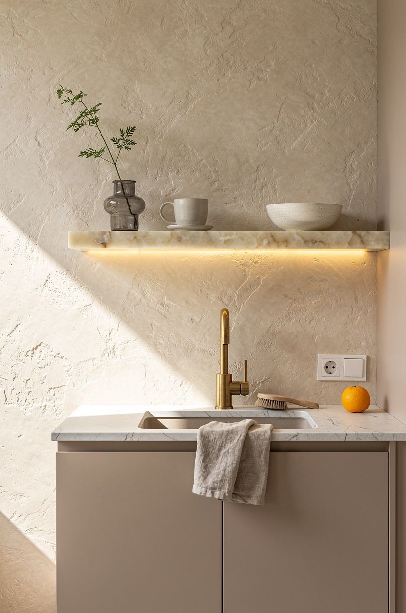 Anchor the sink wall with warm limewash