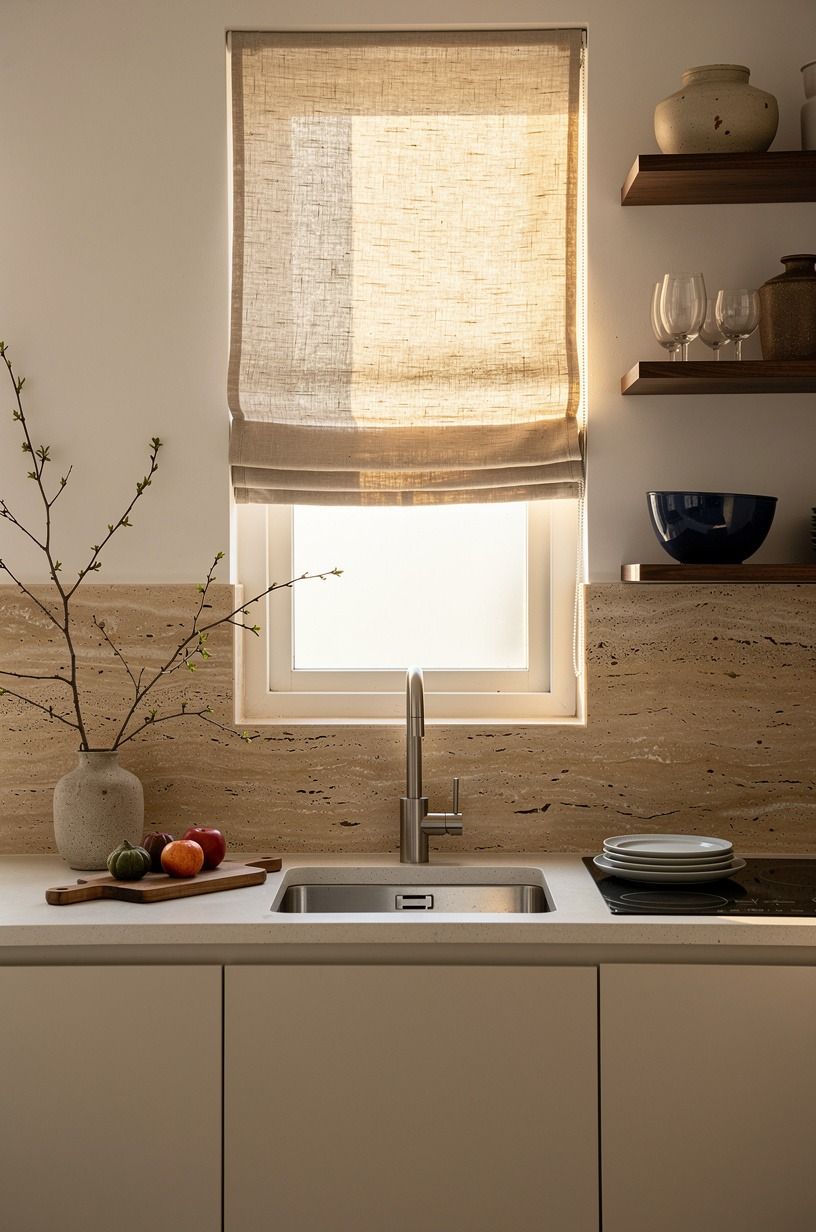 Hang linen Roman shades above the window