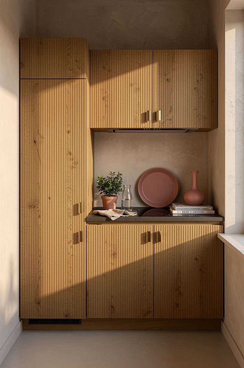 Tuck appliances behind ribbed wood panels