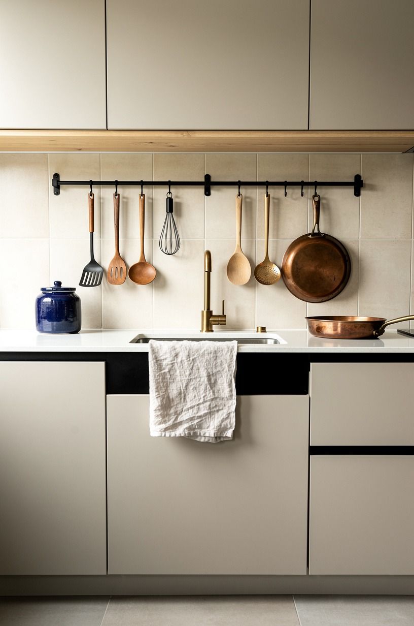 Add a low black rail for utensils