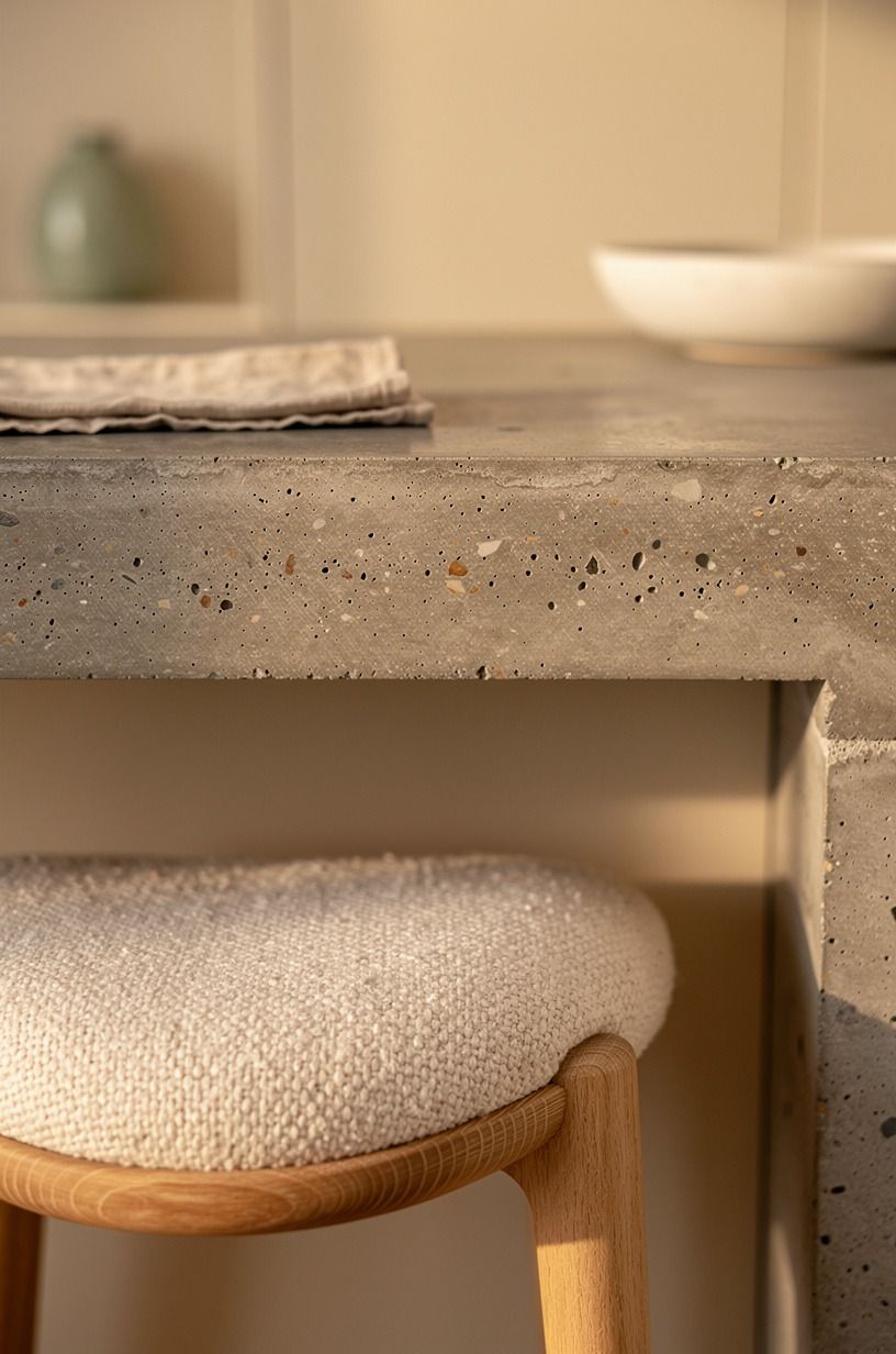 Soften the island with rounded wood stools