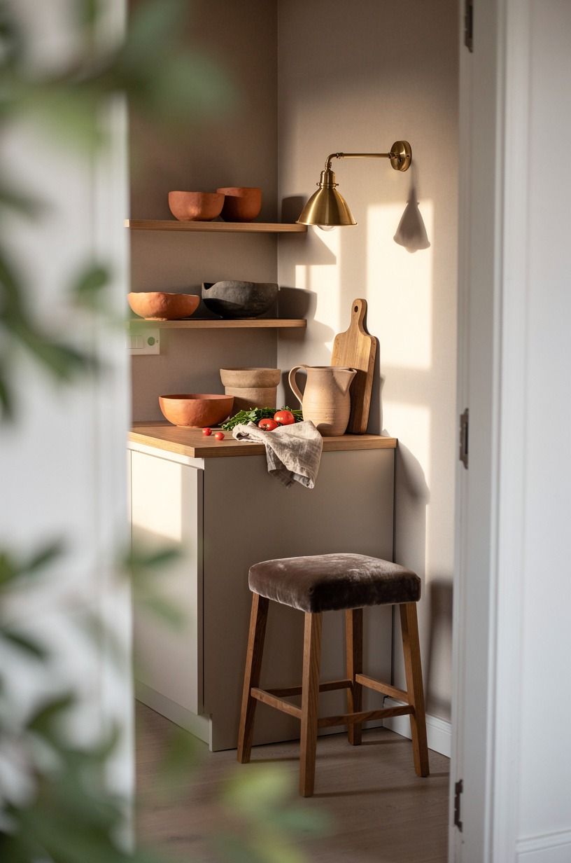 Style open corners with handmade clay bowls