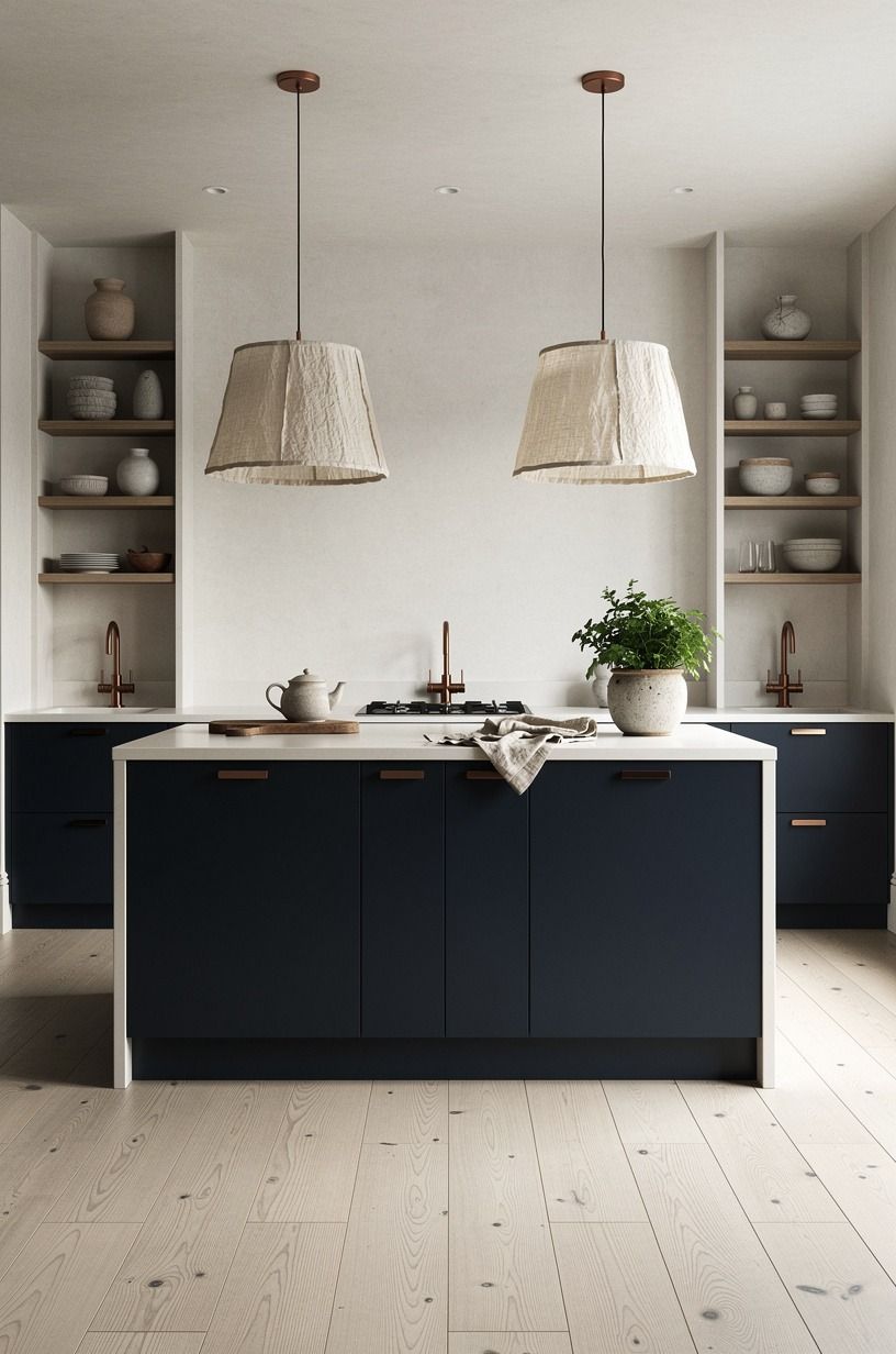 Hung two low linen pendants above the island