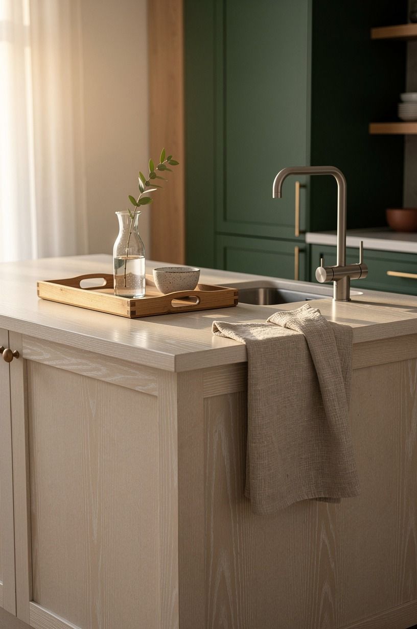 Placed a single wood tray by the sink