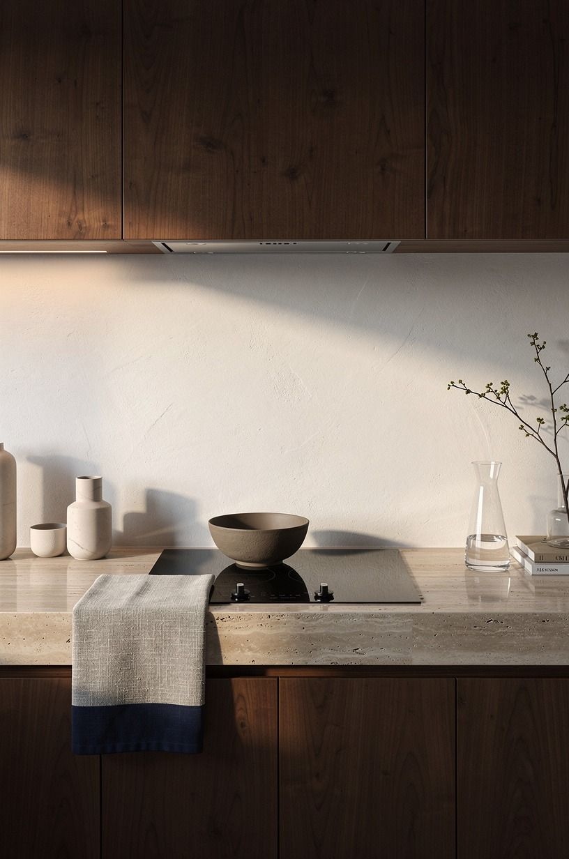Linen plaster, Benjamin Moore White Dove, and the quiet cooktop wall