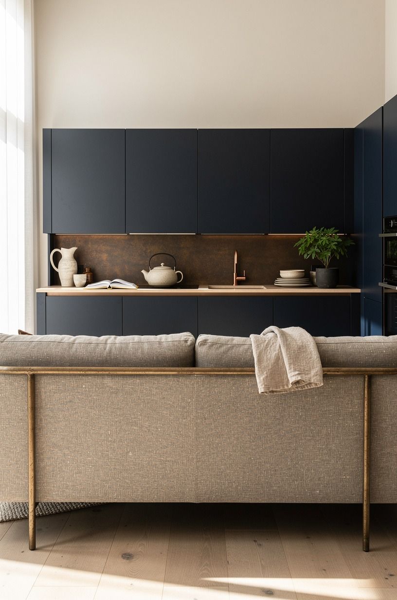 Belgian linen sofa legs that disappear into the floor