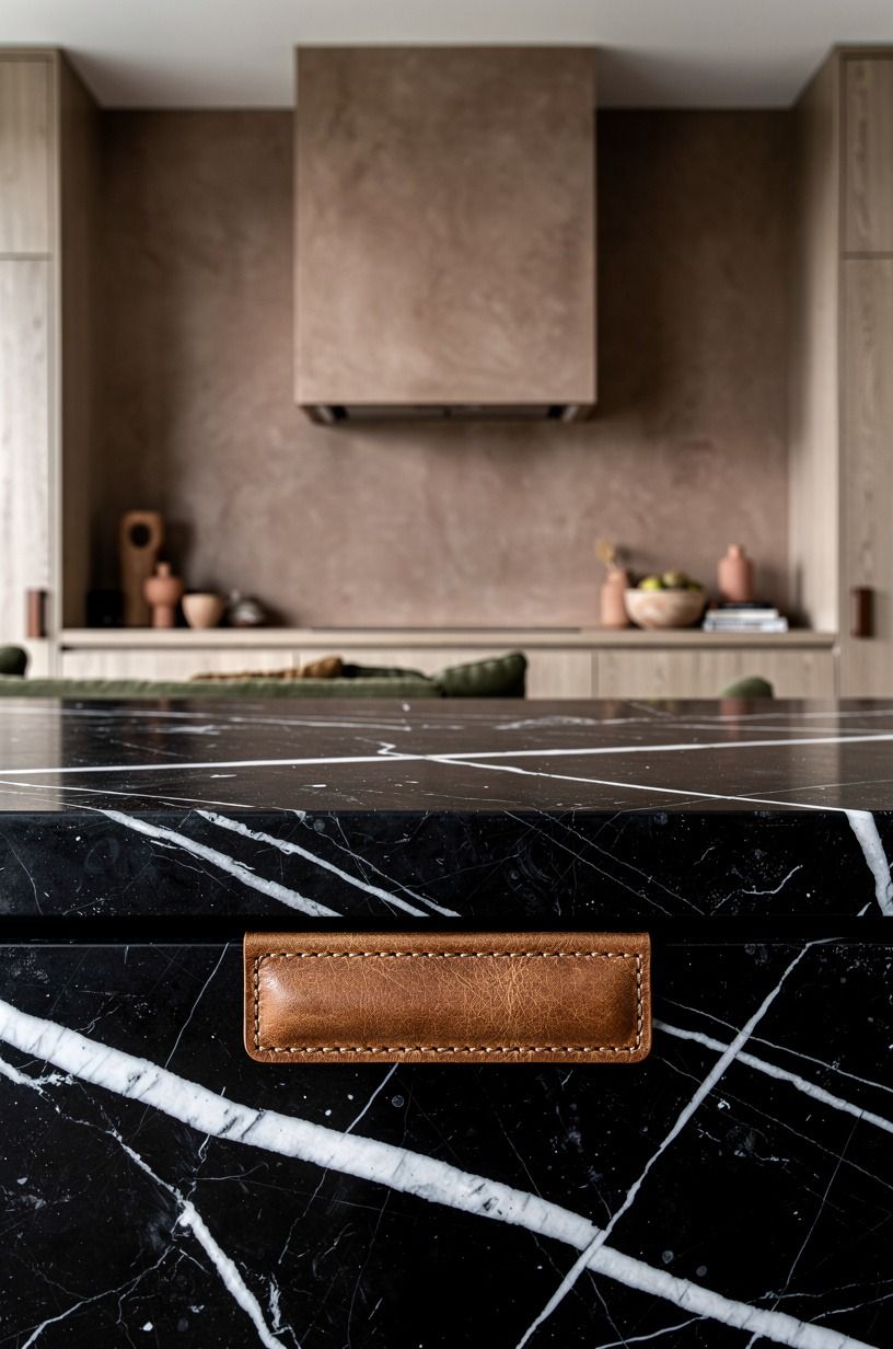Warm microcement, Nero Marquina, and the hood that disappears