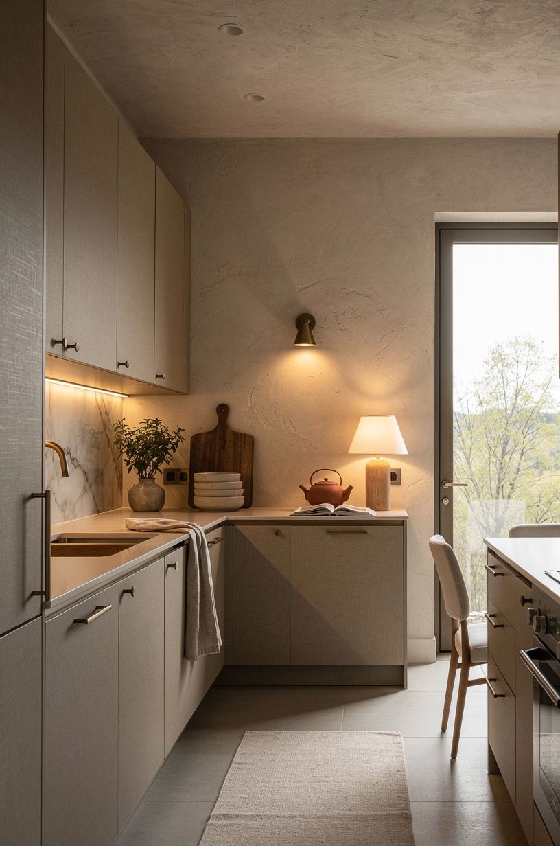Wrap lower cabinets in warm greige veneer