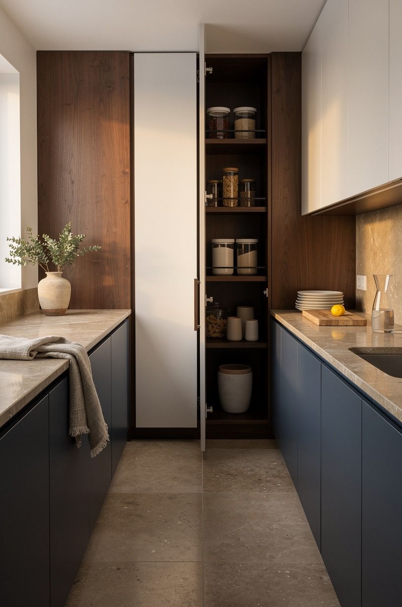 Tuck a pullout pantry into the end bay