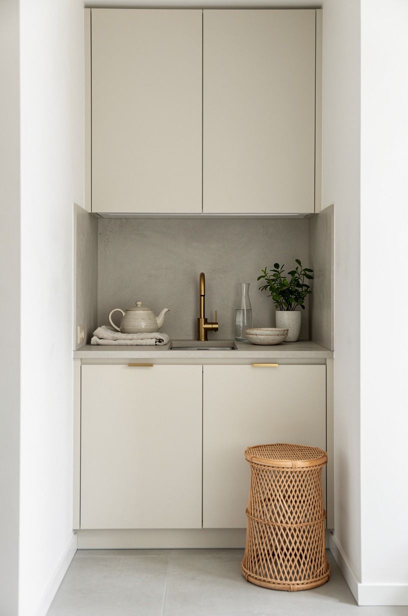 Carry microcement across the backsplash wall