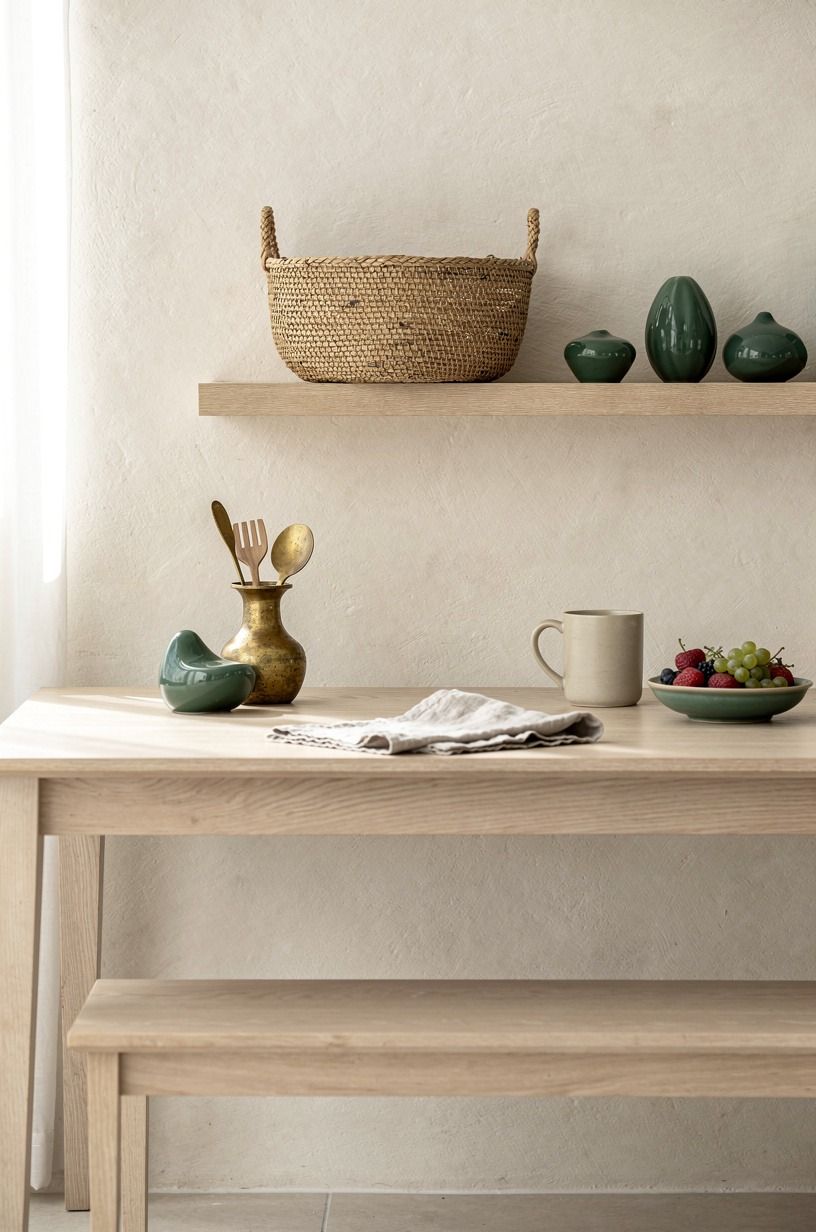 Build a low oak shelf beside the table