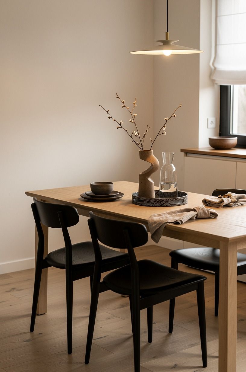 Pair black chairs with a pale wood table