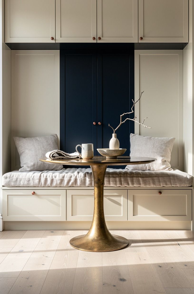 Float a round pedestal table near cabinetry