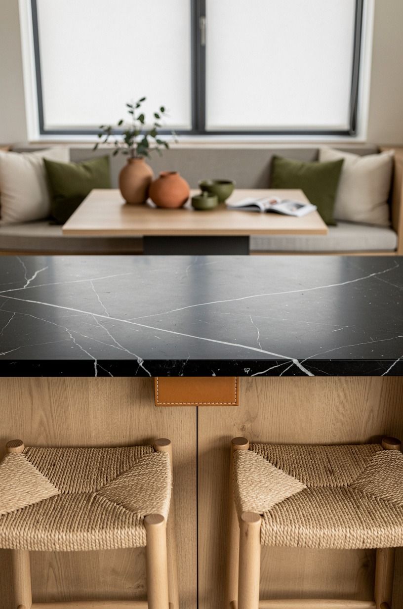 Soften the island edge with woven stools
