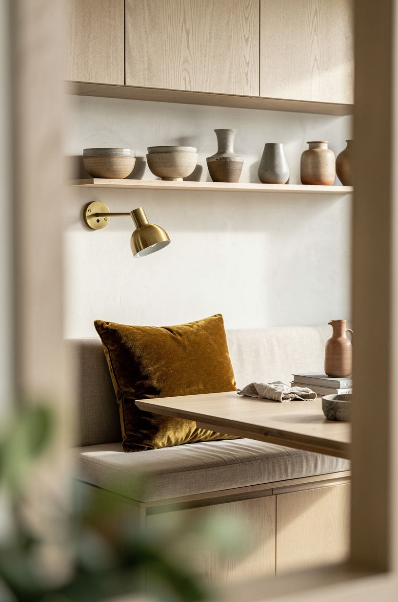 Add ceramic bowls to open kitchen shelving
