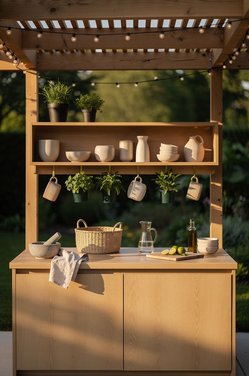 Built open oak shelves under the pergola
