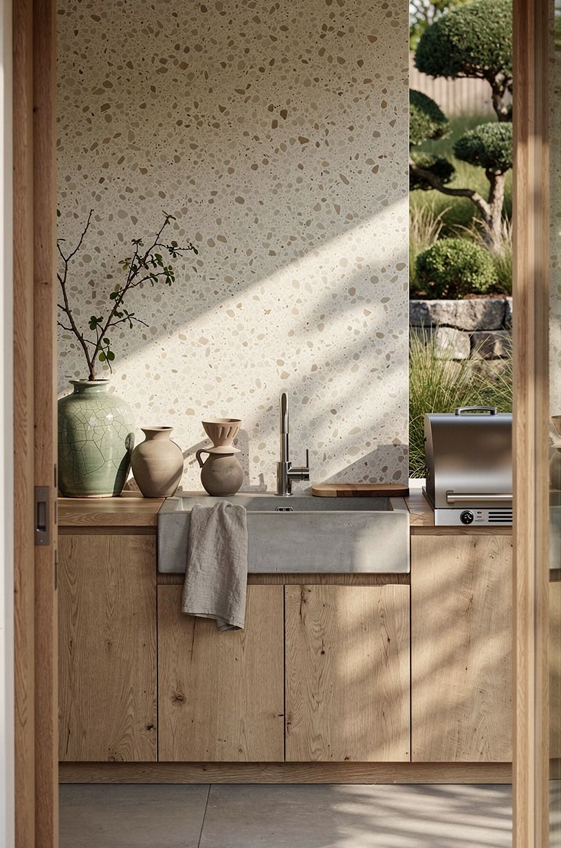 Tucked ceramic crocks beside the sink
