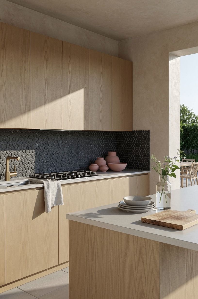 Ran pebble tile behind the cooktop
