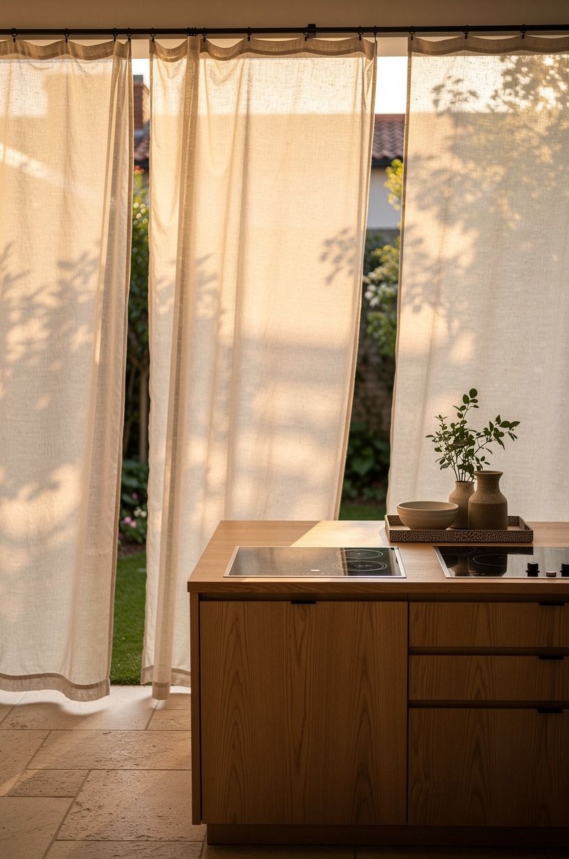 Hung linen shade panels for quiet privacy