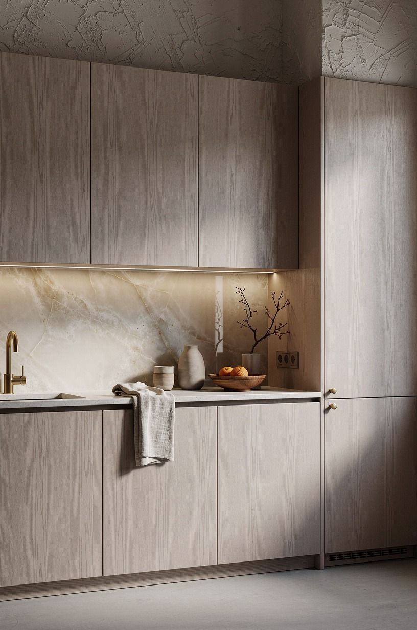 Run vertical grain across every cabinet face