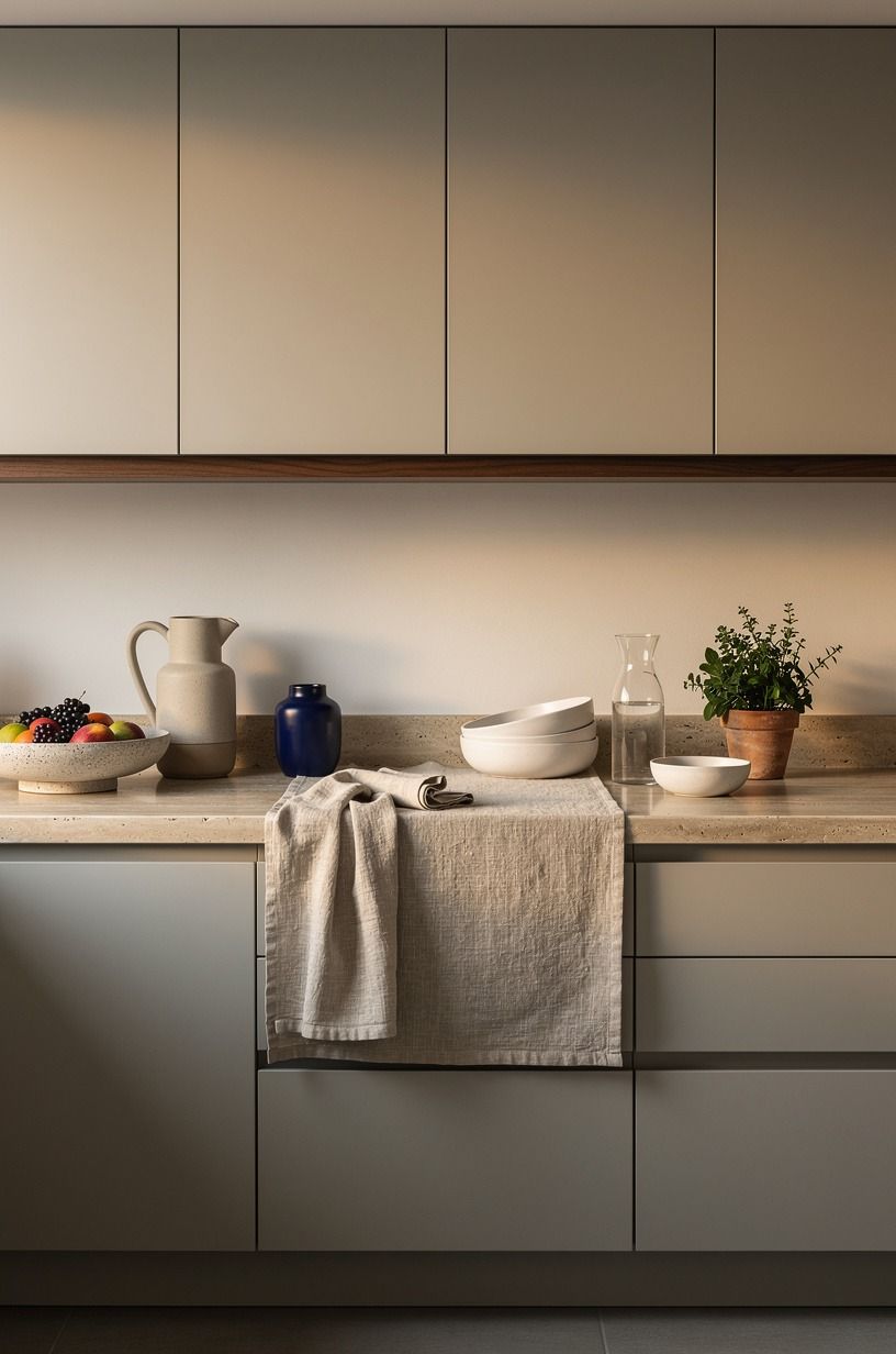 Soften uppers with pale greige cabinet paint