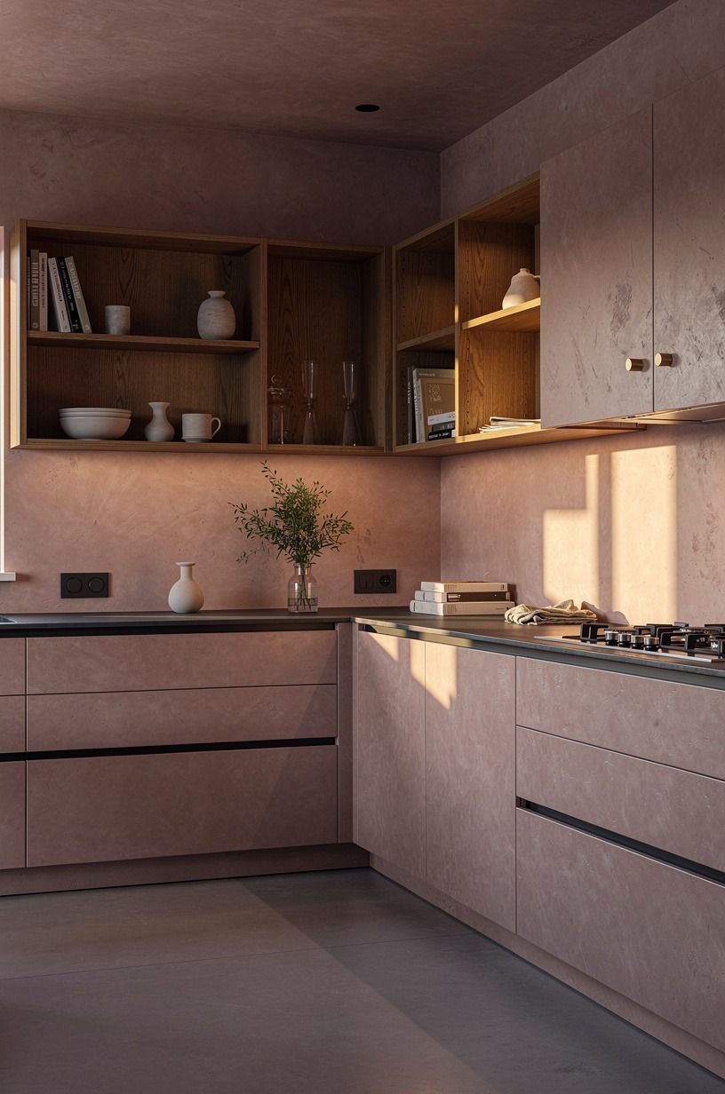 Mix handleless drawers with open oak cubbies