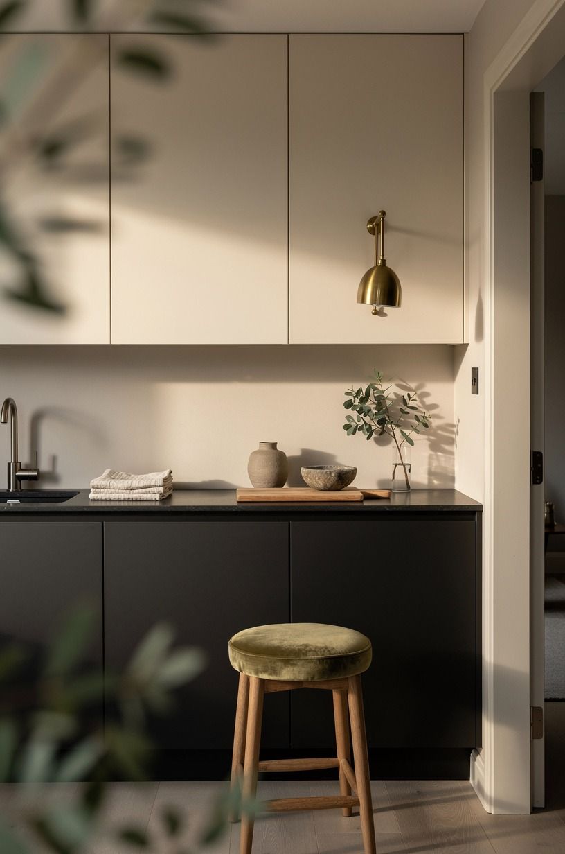Balance dark base cabinets with creamy uppers