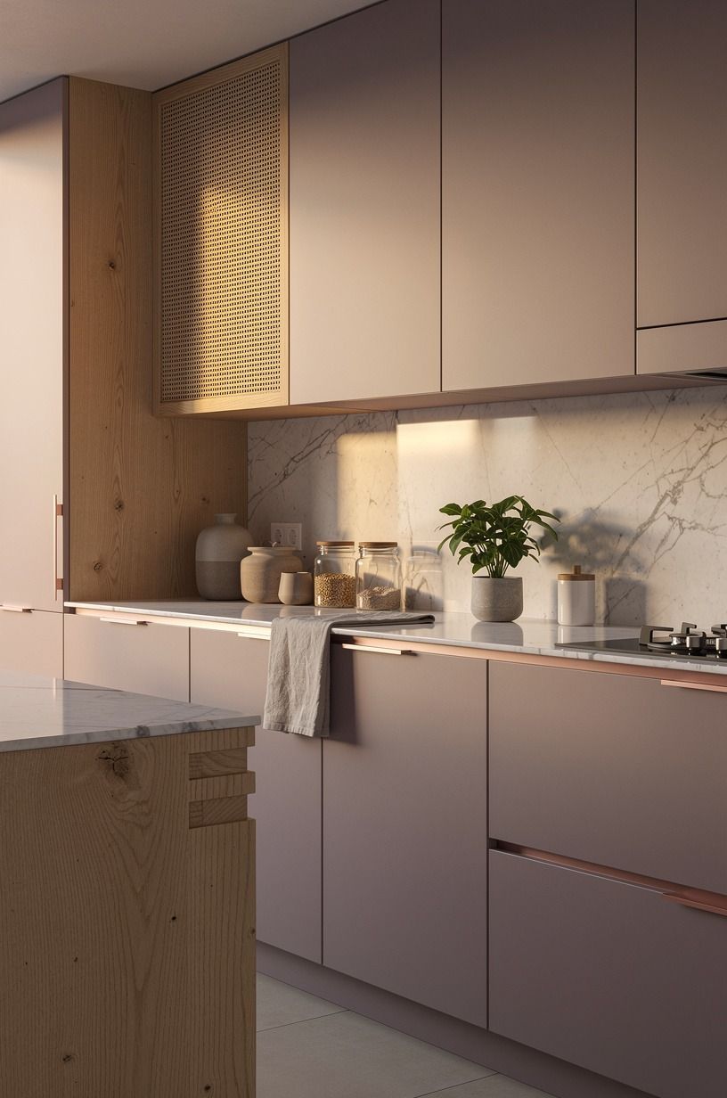 Inset cane panels on a single cabinet run