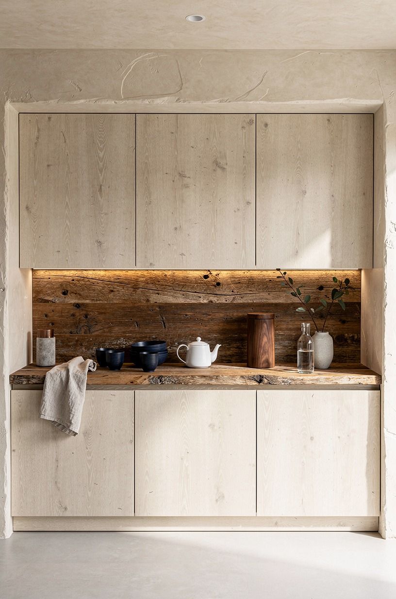 Finish cabinets with limewashed beige undertones