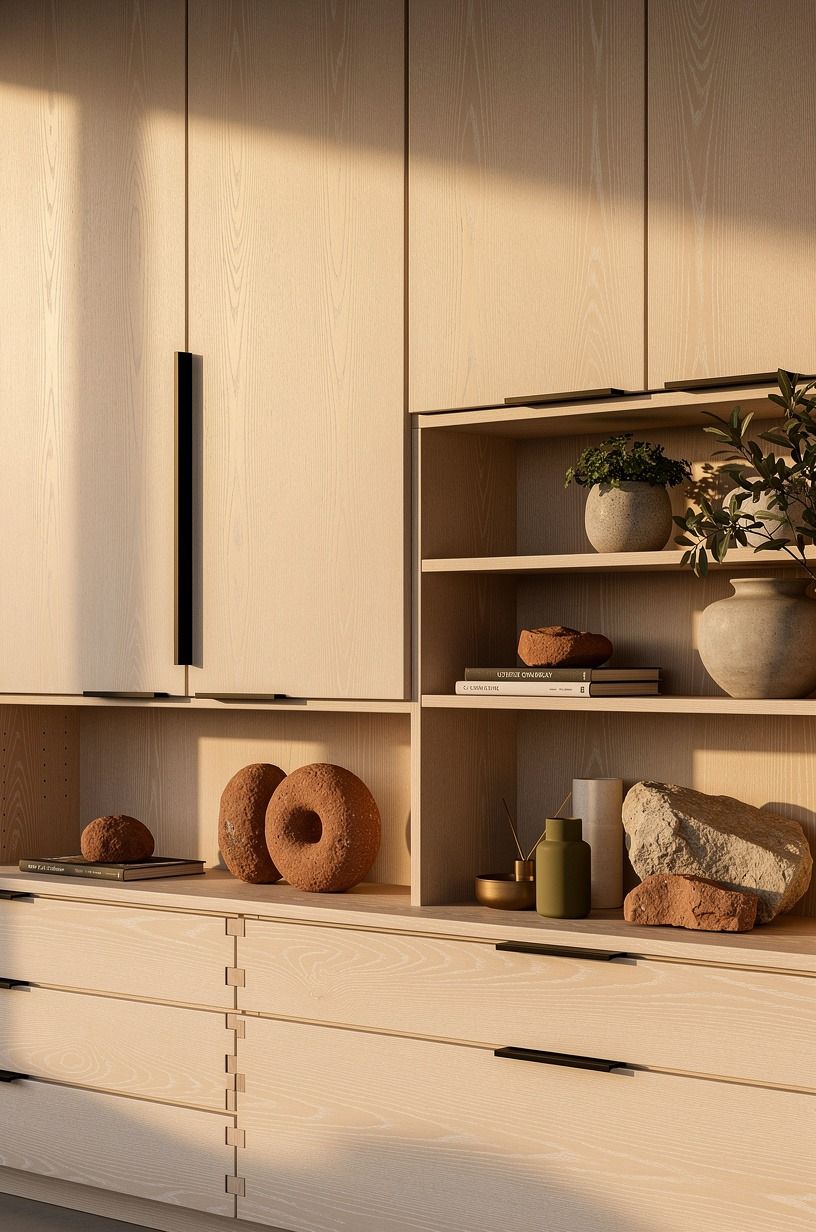 Choose thin black bar pulls on warm oak
