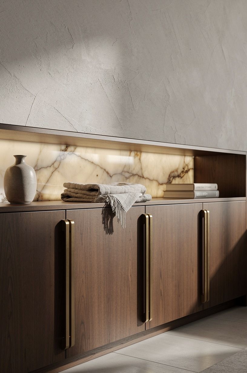 Set recessed finger pulls into walnut fronts